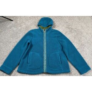 LL Bean Fleece Jacket Womens Large Full Zip Hooded Deep Pile Teal Fuzzy Cozy Top